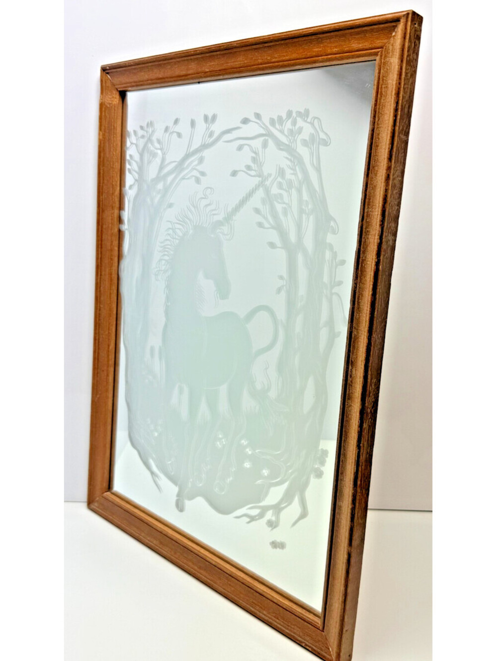 Vtg 80's White Unicorn Mirror Etched Wood Frame 16.5"H Mythical Fantasy